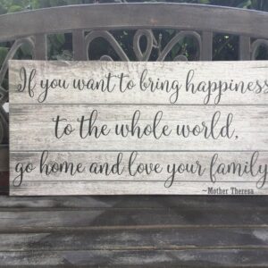 Bring Happiness, Mother Theresa Quote, LOVE Family, Handcrafted Canvas, Made To Order, Rustic White Wash Wood Background, PANORAMIC SIZES